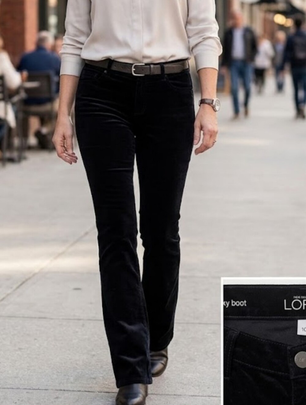 ANN TAYLOR LOFT Black Boot-Cut Velvet Jeans, Corduroy, Stretch, Mid Rise.
